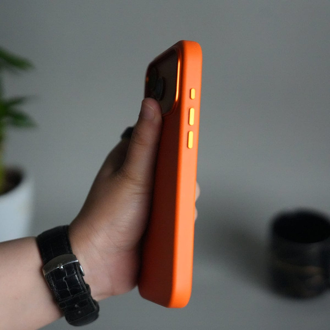 FRATO iPhone 17 Series iPhone 17 Pro Max Premium PU Leather MagSafe Case | Metal Camera Frame Luxury Back Cover | Orange