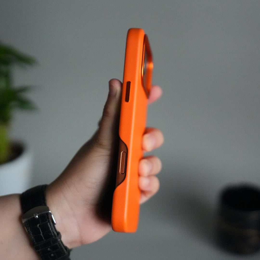 FRATO iPhone 17 Series iPhone 17 Pro Max Premium PU Leather MagSafe Case | Metal Camera Frame Luxury Back Cover | Orange