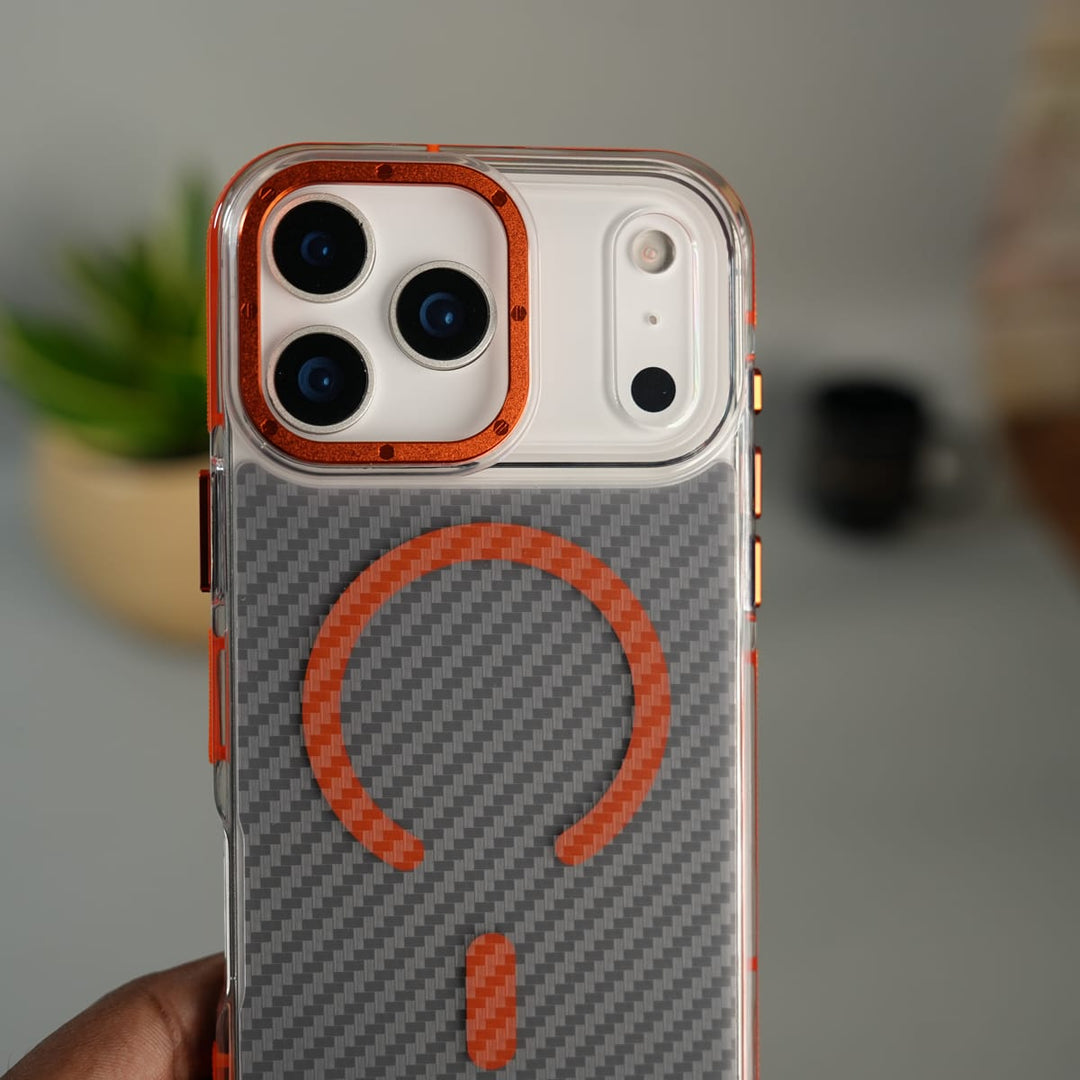 FRATO iPhone 17 Series iPhone 17 Pro / Orange iPhone 17 Series Carbon Texture Transparent Metal Camera Ring MagSafe Cover