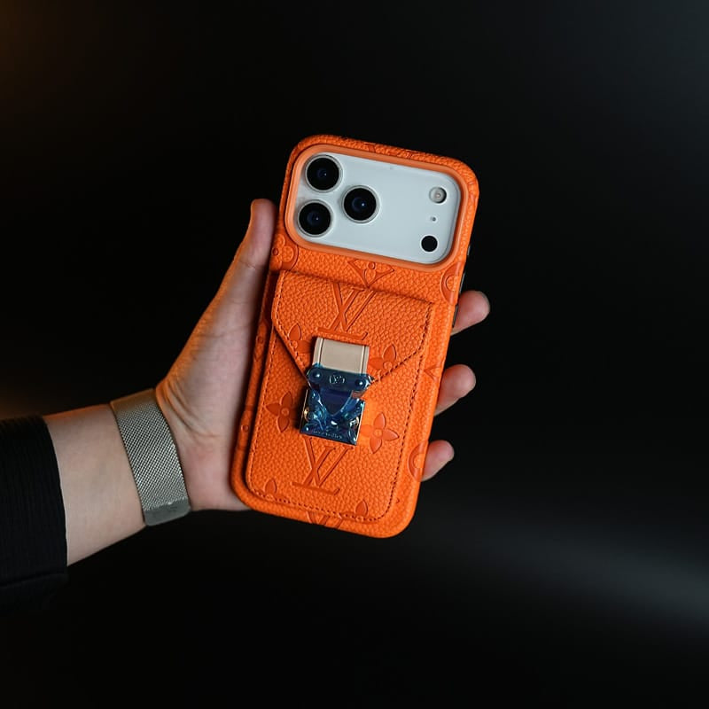FRATO iPhone 17 Series iPhone 17 Pro / Orange Premium Monogram Leather-Texture Card Holder Case for iPhone 17 Series | Stylish Wallet Pocket Protective Cover