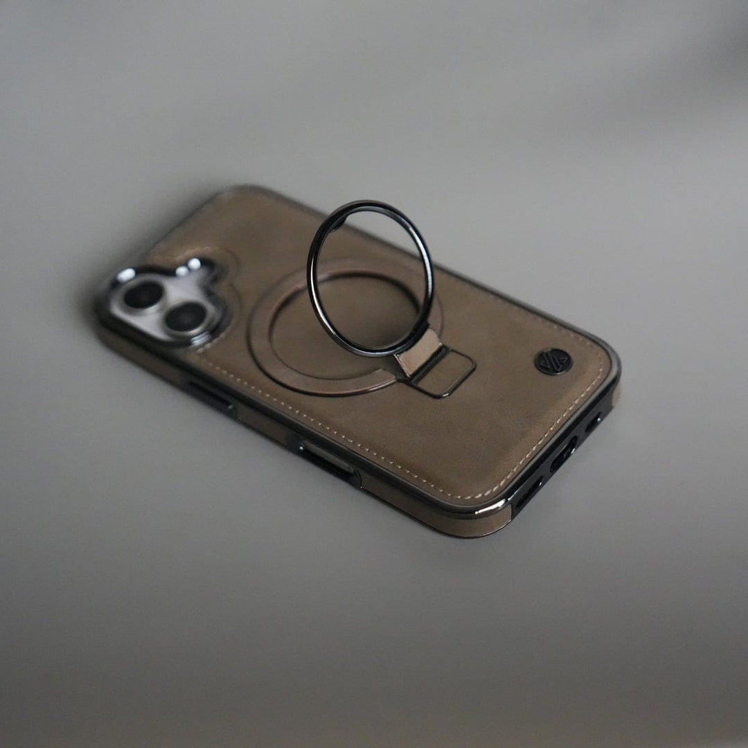 FRATO iPhone 17 Series iPhone 17 PU Leather Chrome Side Case With Ring Metal Stand