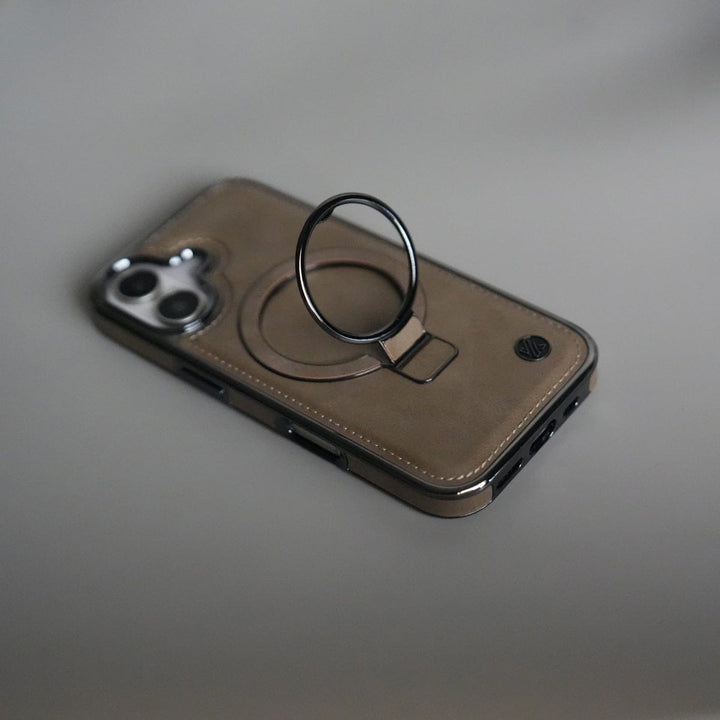 FRATO iPhone 17 Series iPhone 17 PU Leather Chrome Side Case With Ring Metal Stand