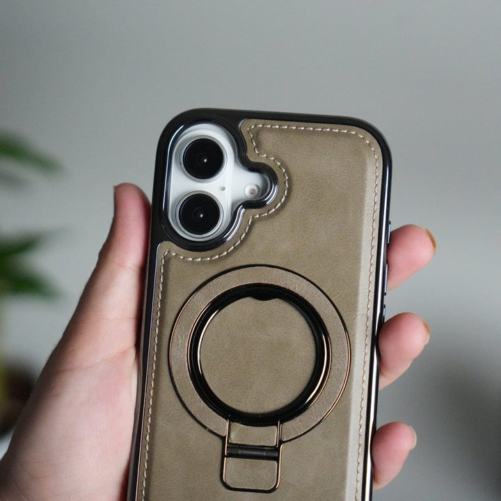 FRATO iPhone 17 Series iPhone 17 PU Leather Chrome Side Case With Ring Metal Stand