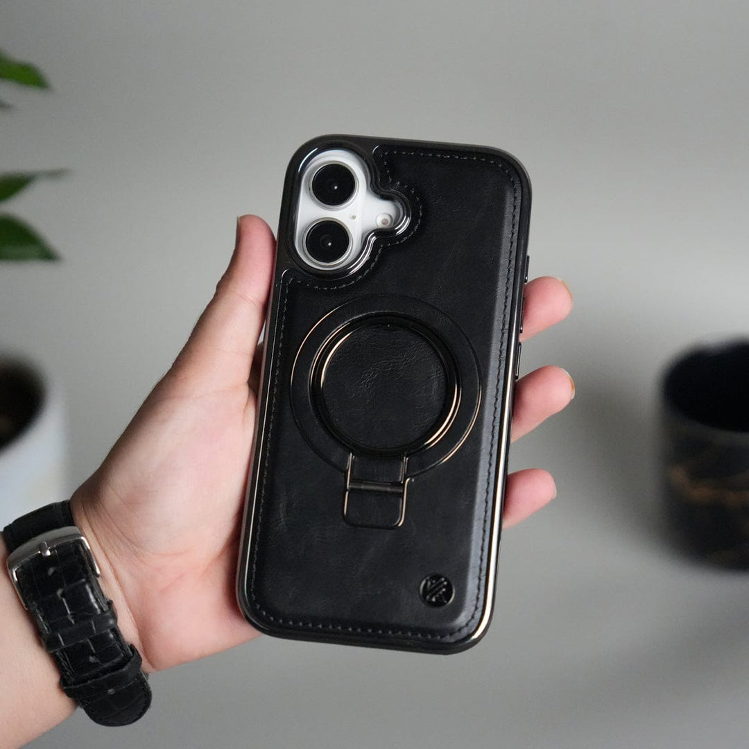FRATO iPhone 17 Series iPhone 17 PU Leather Chrome Side Case With Ring Metal Stand