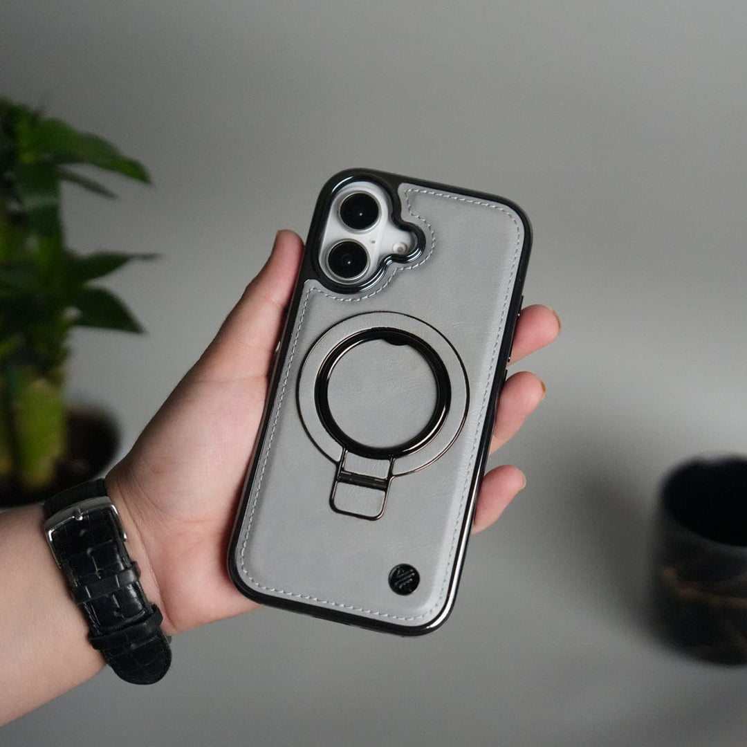 FRATO iPhone 17 Series iPhone 17 PU Leather Chrome Side Case With Ring Metal Stand
