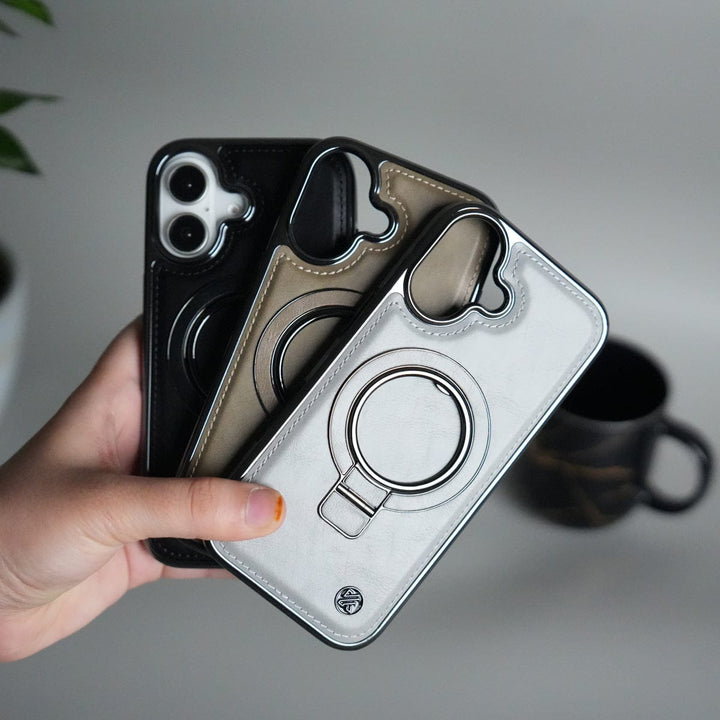 FRATO iPhone 17 Series iPhone 17 PU Leather Chrome Side Case With Ring Metal Stand