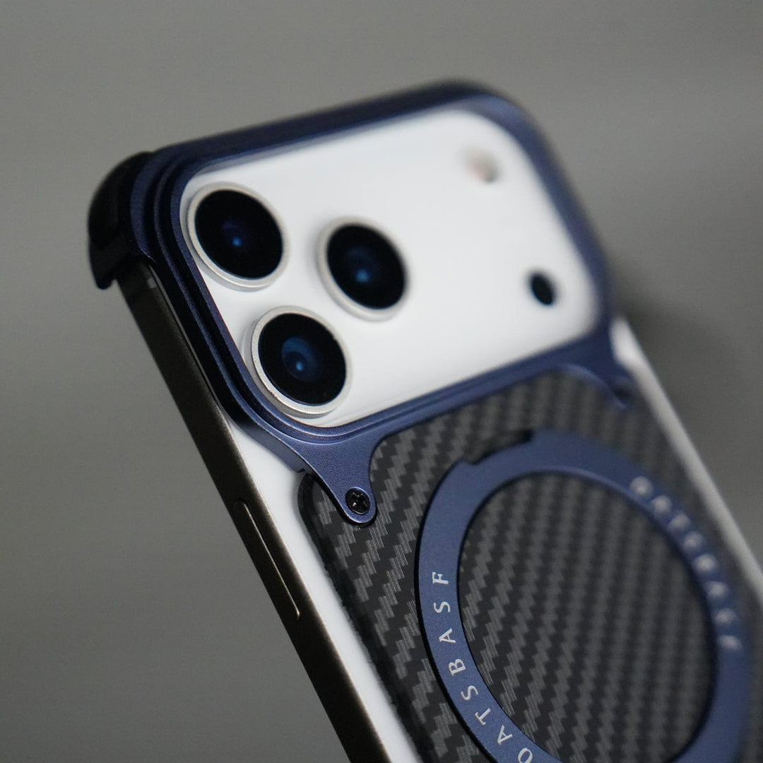 FRATO iPhone 17 Series iPhone 17 Series Carbon Fiber Design Frameless Metal Kickstand Case | Blue frame