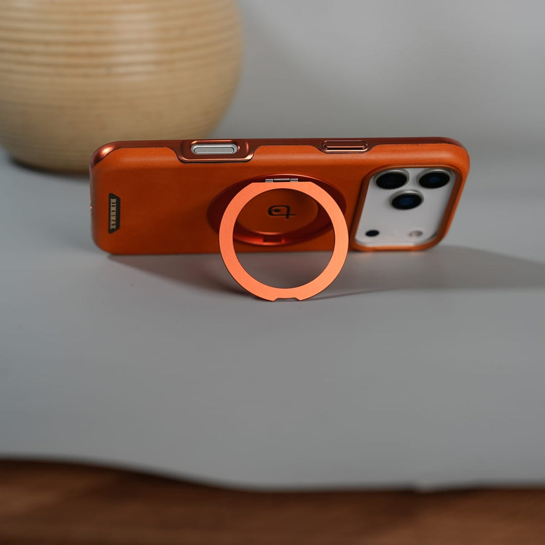 FRATO iPhone 17 Series iPhone 17 Series Luxury Leather Magnetic Ring Case | Metal Camera Frame and Kickstand Cover | Orange