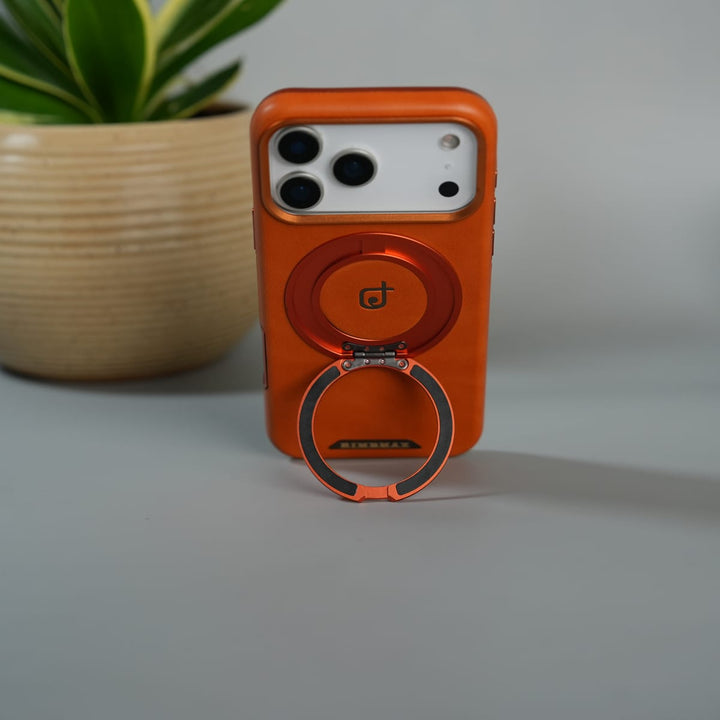 FRATO iPhone 17 Series iPhone 17 Series Luxury Leather Magnetic Ring Case | Metal Camera Frame and Kickstand Cover | Orange