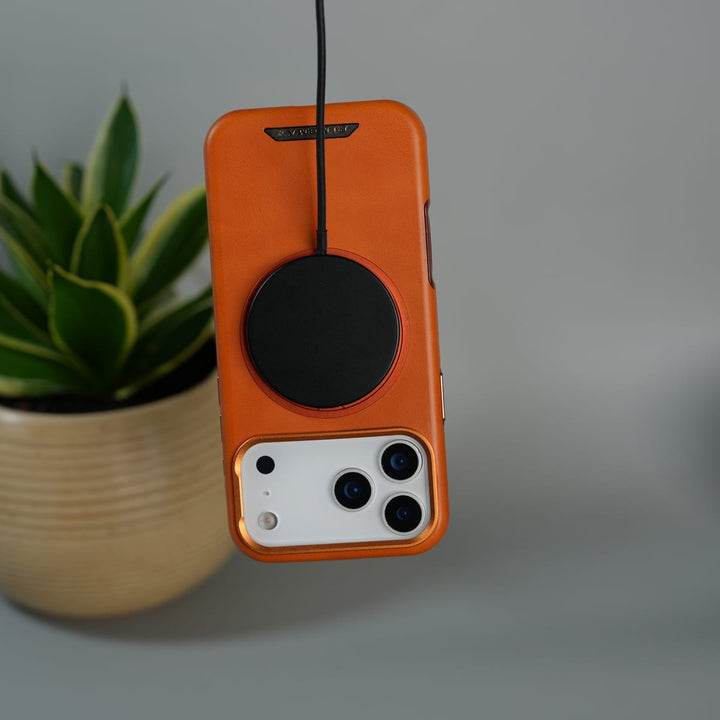 FRATO iPhone 17 Series iPhone 17 Series Luxury Leather Magnetic Ring Case | Metal Camera Frame and Kickstand Cover | Orange
