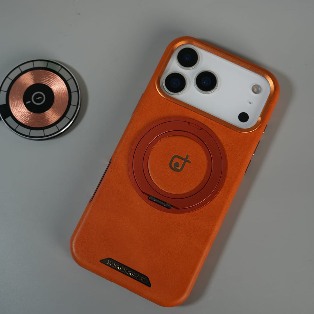 FRATO iPhone 17 Series iPhone 17 Series Luxury Leather Magnetic Ring Case | Metal Camera Frame and Kickstand Cover | Orange