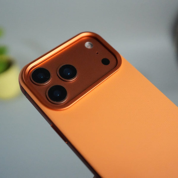 FRATO iPhone 17 Series iPhone 17 Series Metal Side Bumper Leather Feel Magsafe case Cover | Orange