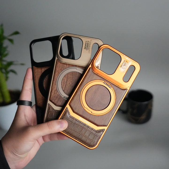 FRATO iPhone 17 Series iPhone 17 Series Metallic Wood Leather AeroFLex Aluminium  Case With Rotating Stand