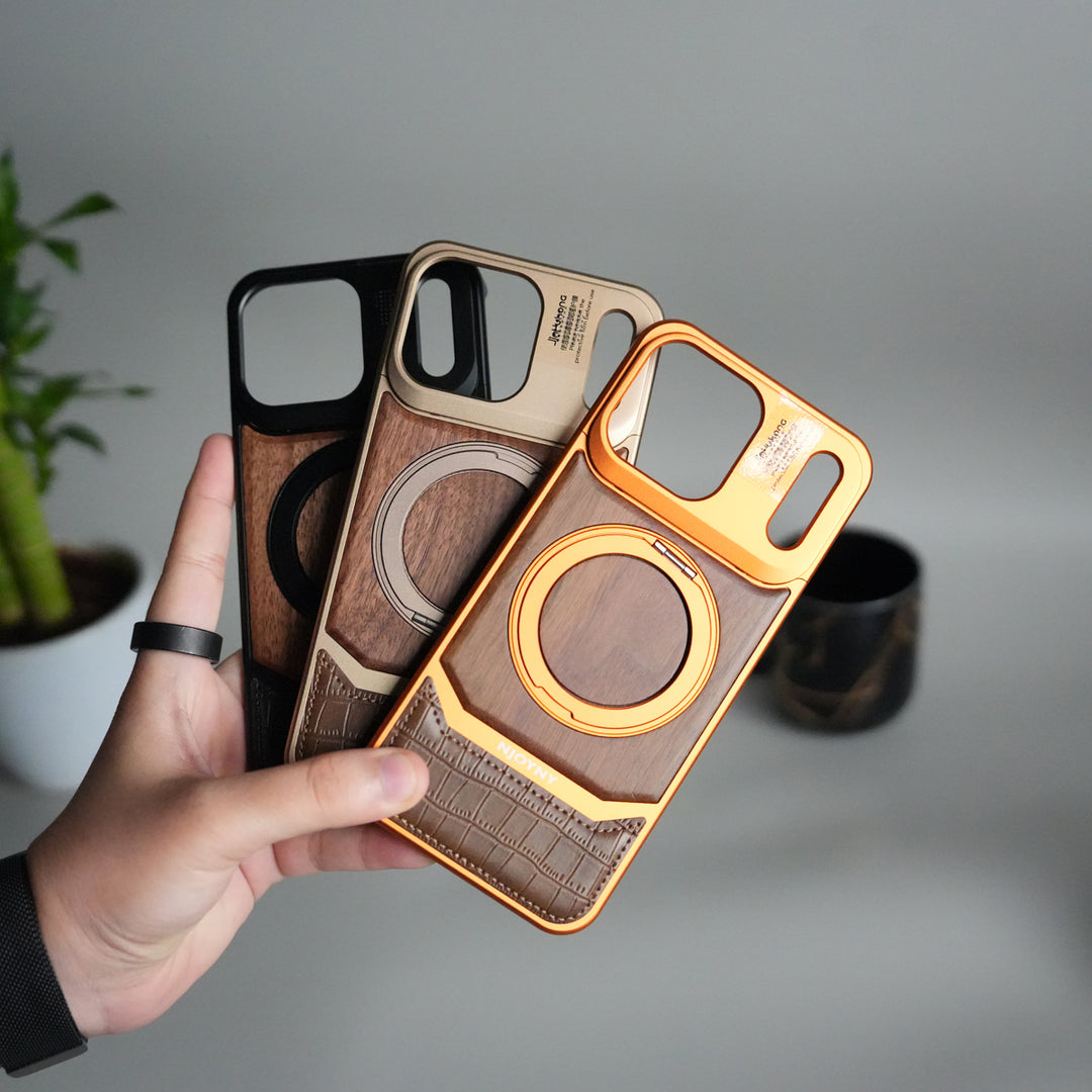 FRATO iPhone 17 Series iPhone 17 Series Metallic Wood Leather AeroFLex Aluminium  Case With Rotating Stand