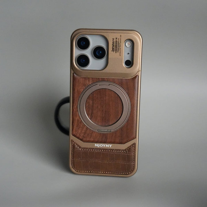 FRATO iPhone 17 Series iPhone 17 Series Metallic Wood Leather AeroFLex Aluminium  Case With Rotating Stand