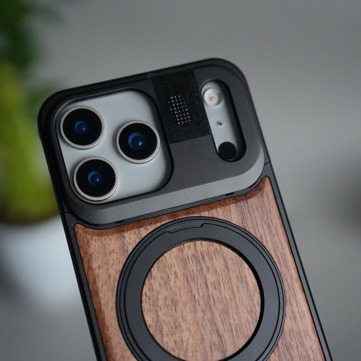 FRATO iPhone 17 Series iPhone 17 Series Metallic Wood Leather AeroFLex Aluminium  Case With Rotating Stand