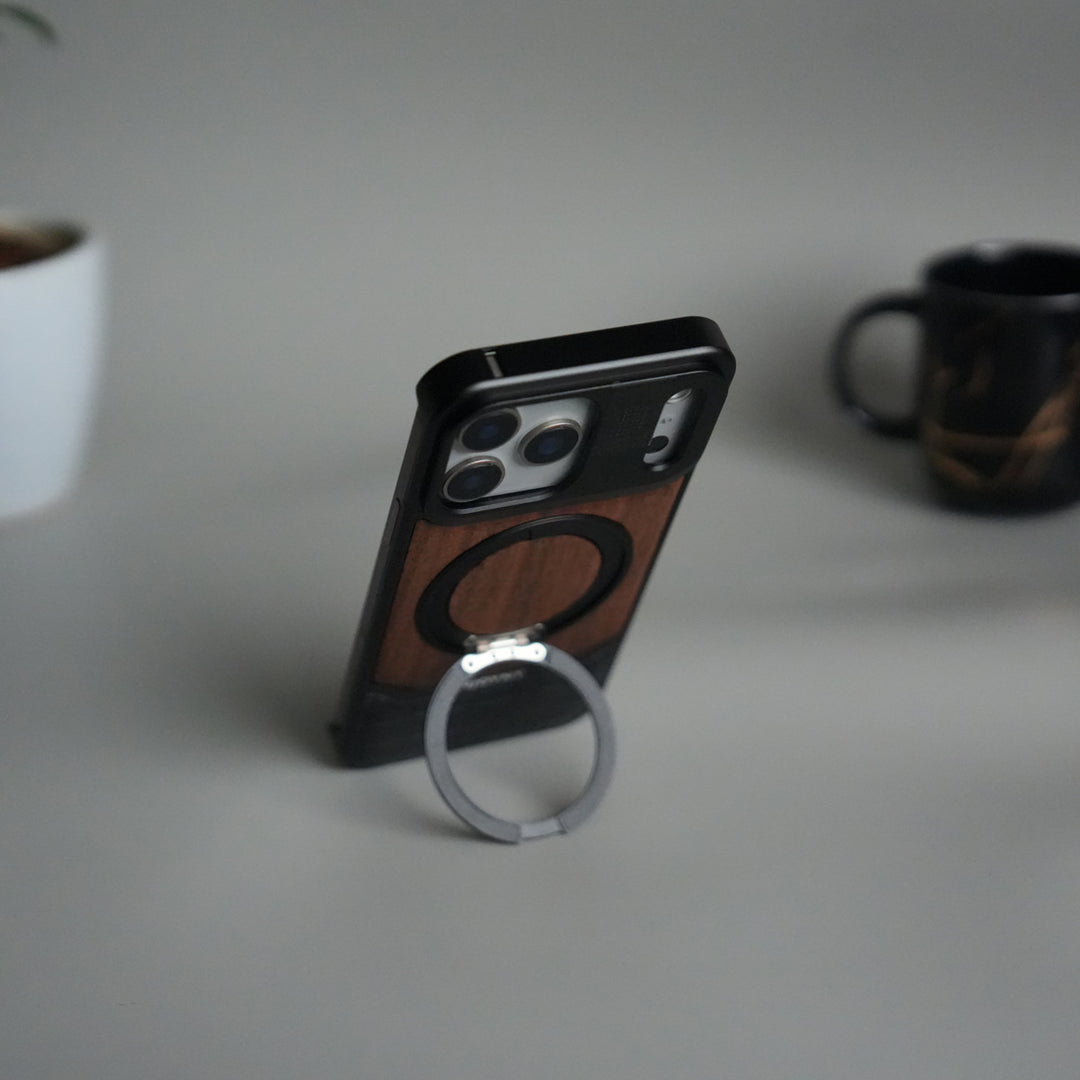 FRATO iPhone 17 Series iPhone 17 Series Metallic Wood Leather AeroFLex Aluminium  Case With Rotating Stand