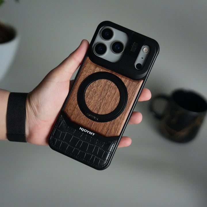FRATO iPhone 17 Series iPhone 17 Series Metallic Wood Leather AeroFLex Aluminium  Case With Rotating Stand