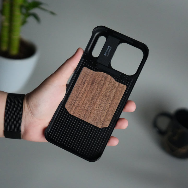FRATO iPhone 17 Series iPhone 17 Series Metallic Wood Leather AeroFLex Aluminium  Case With Rotating Stand