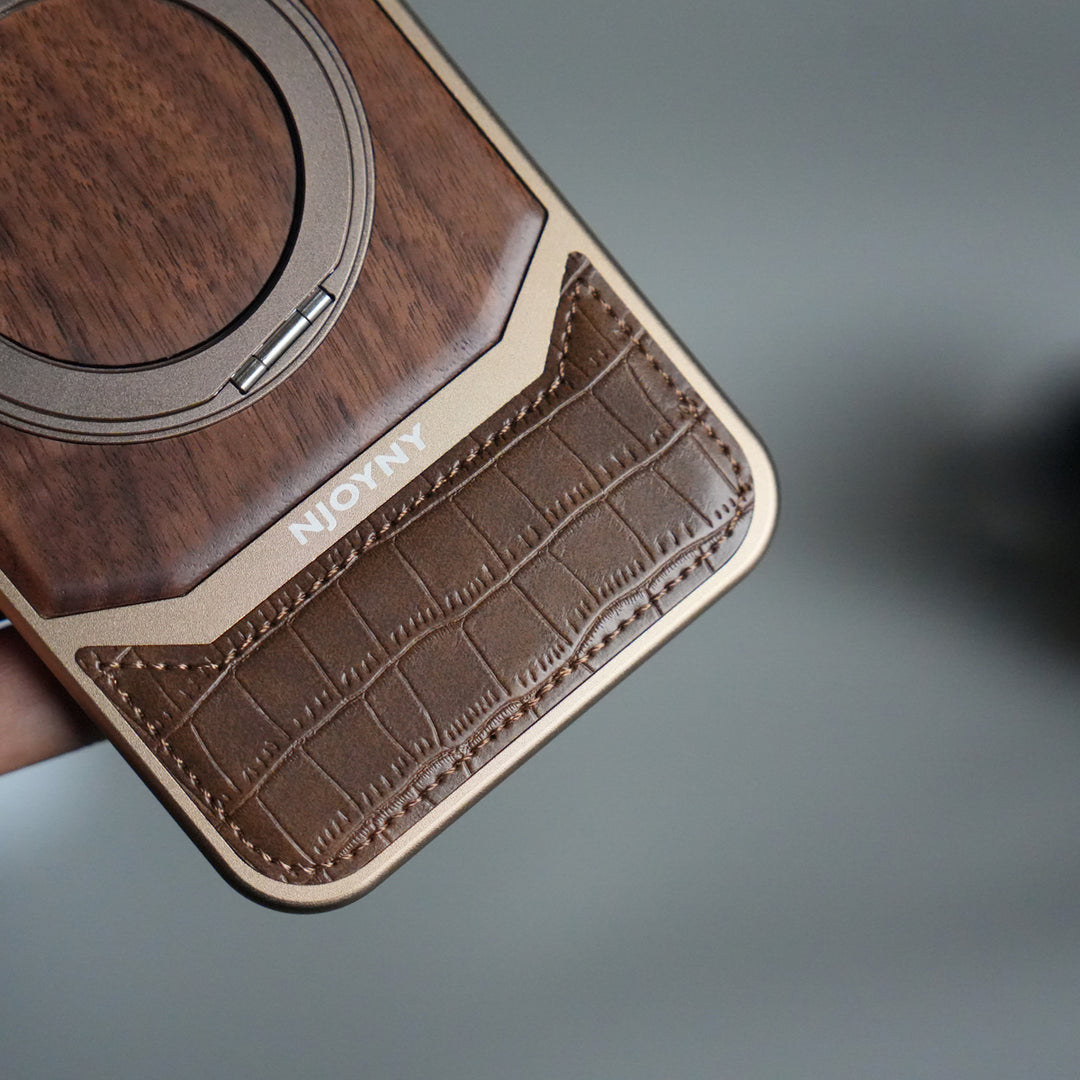 FRATO iPhone 17 Series iPhone 17 Series Metallic Wood Leather AeroFLex Aluminium  Case With Rotating Stand