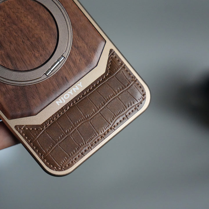 FRATO iPhone 17 Series iPhone 17 Series Metallic Wood Leather AeroFLex Aluminium  Case With Rotating Stand