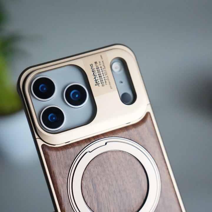 FRATO iPhone 17 Series iPhone 17 Series Metallic Wood Leather AeroFLex Aluminium  Case With Rotating Stand