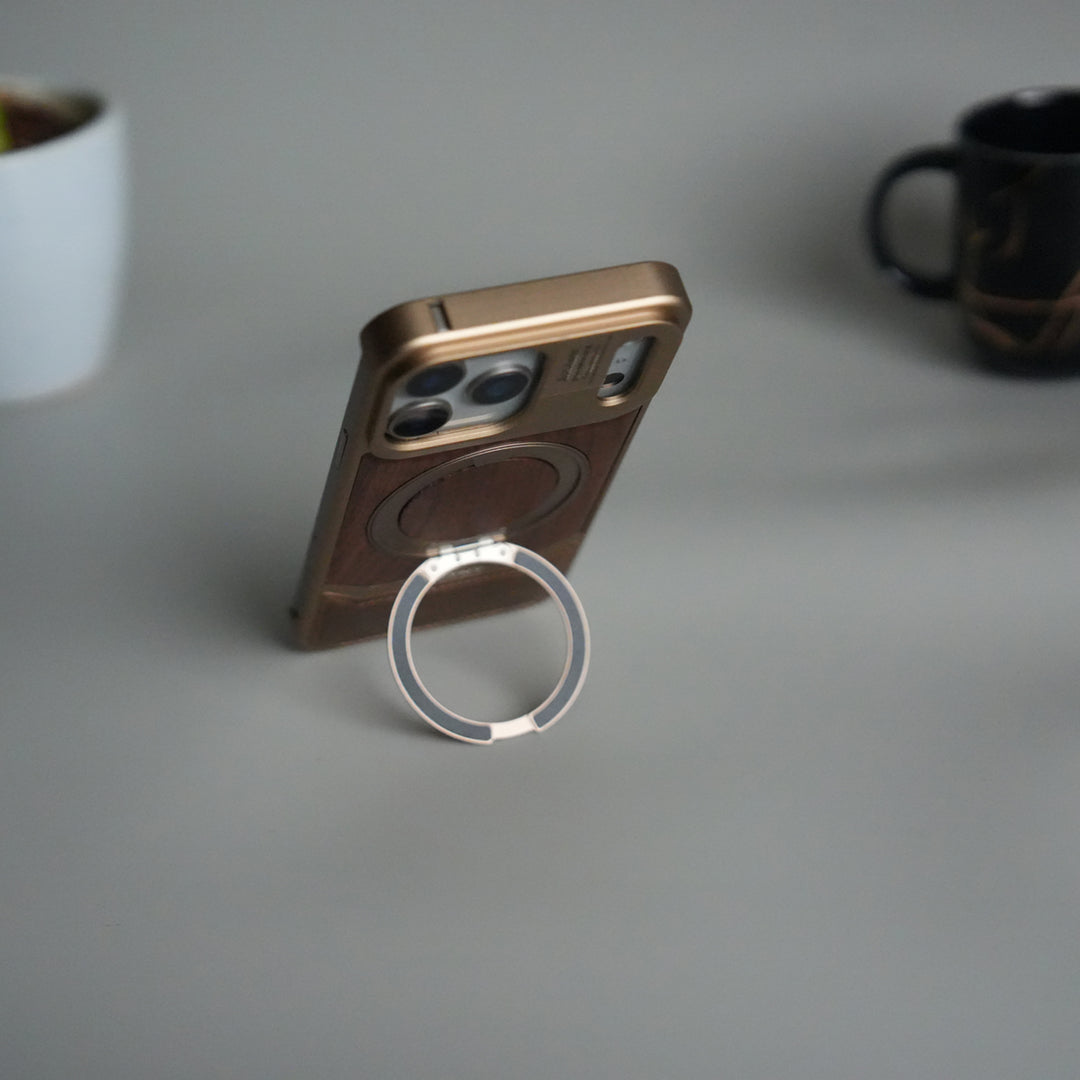 FRATO iPhone 17 Series iPhone 17 Series Metallic Wood Leather AeroFLex Aluminium  Case With Rotating Stand