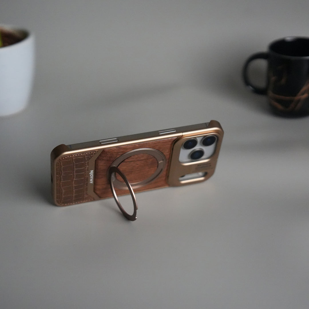 FRATO iPhone 17 Series iPhone 17 Series Metallic Wood Leather AeroFLex Aluminium  Case With Rotating Stand