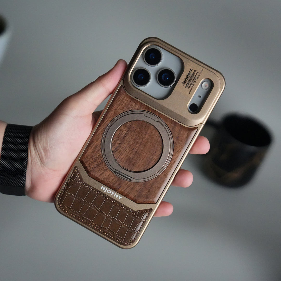FRATO iPhone 17 Series iPhone 17 Series Metallic Wood Leather AeroFLex Aluminium  Case With Rotating Stand