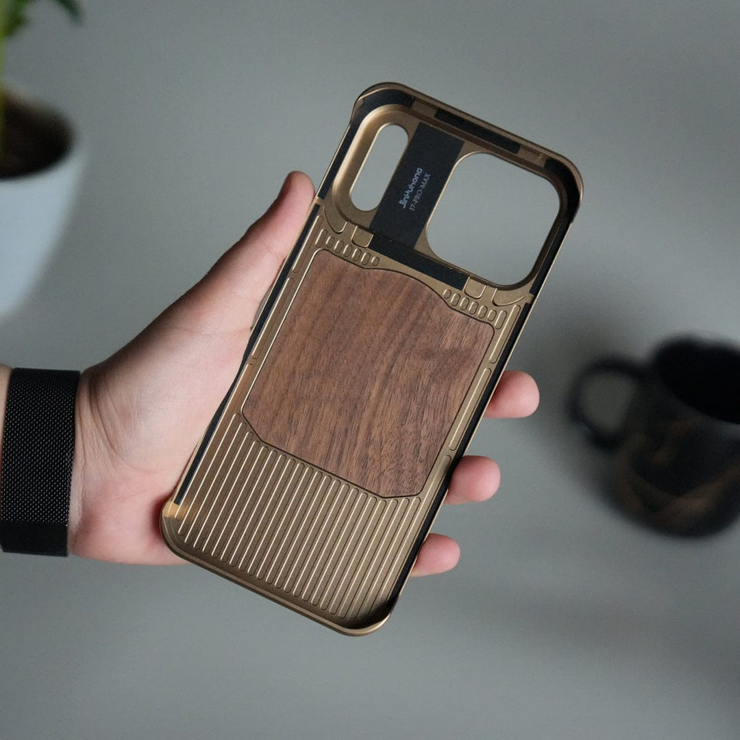 FRATO iPhone 17 Series iPhone 17 Series Metallic Wood Leather AeroFLex Aluminium  Case With Rotating Stand
