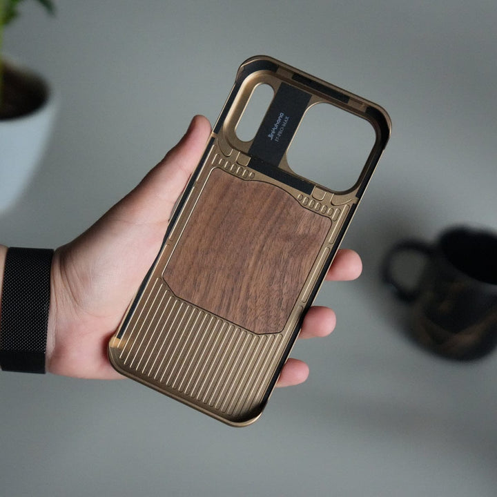 FRATO iPhone 17 Series iPhone 17 Series Metallic Wood Leather AeroFLex Aluminium  Case With Rotating Stand