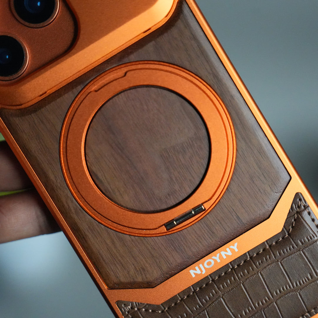 FRATO iPhone 17 Series iPhone 17 Series Metallic Wood Leather AeroFLex Aluminium  Case With Rotating Stand