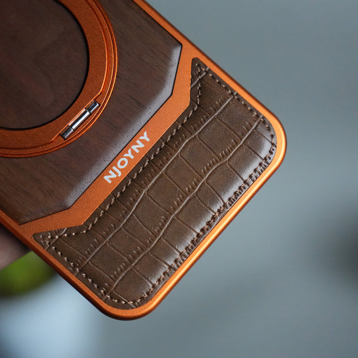 FRATO iPhone 17 Series iPhone 17 Series Metallic Wood Leather AeroFLex Aluminium  Case With Rotating Stand