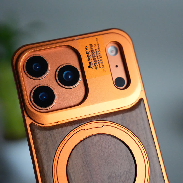 FRATO iPhone 17 Series iPhone 17 Series Metallic Wood Leather AeroFLex Aluminium  Case With Rotating Stand