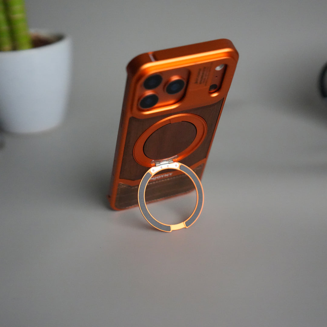 FRATO iPhone 17 Series iPhone 17 Series Metallic Wood Leather AeroFLex Aluminium  Case With Rotating Stand