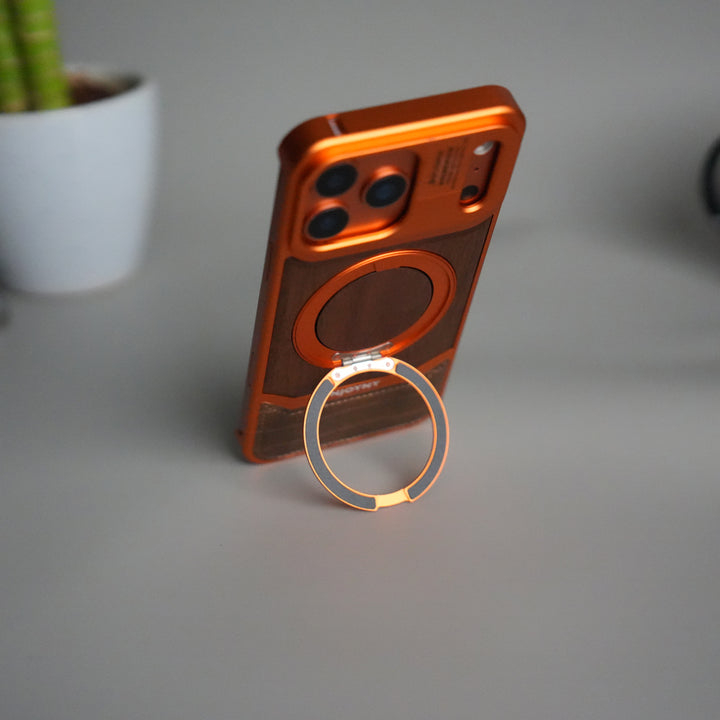 FRATO iPhone 17 Series iPhone 17 Series Metallic Wood Leather AeroFLex Aluminium  Case With Rotating Stand
