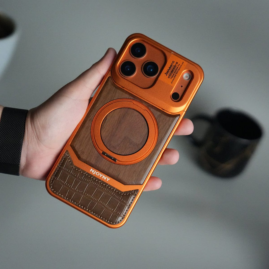 FRATO iPhone 17 Series iPhone 17 Series Metallic Wood Leather AeroFLex Aluminium  Case With Rotating Stand