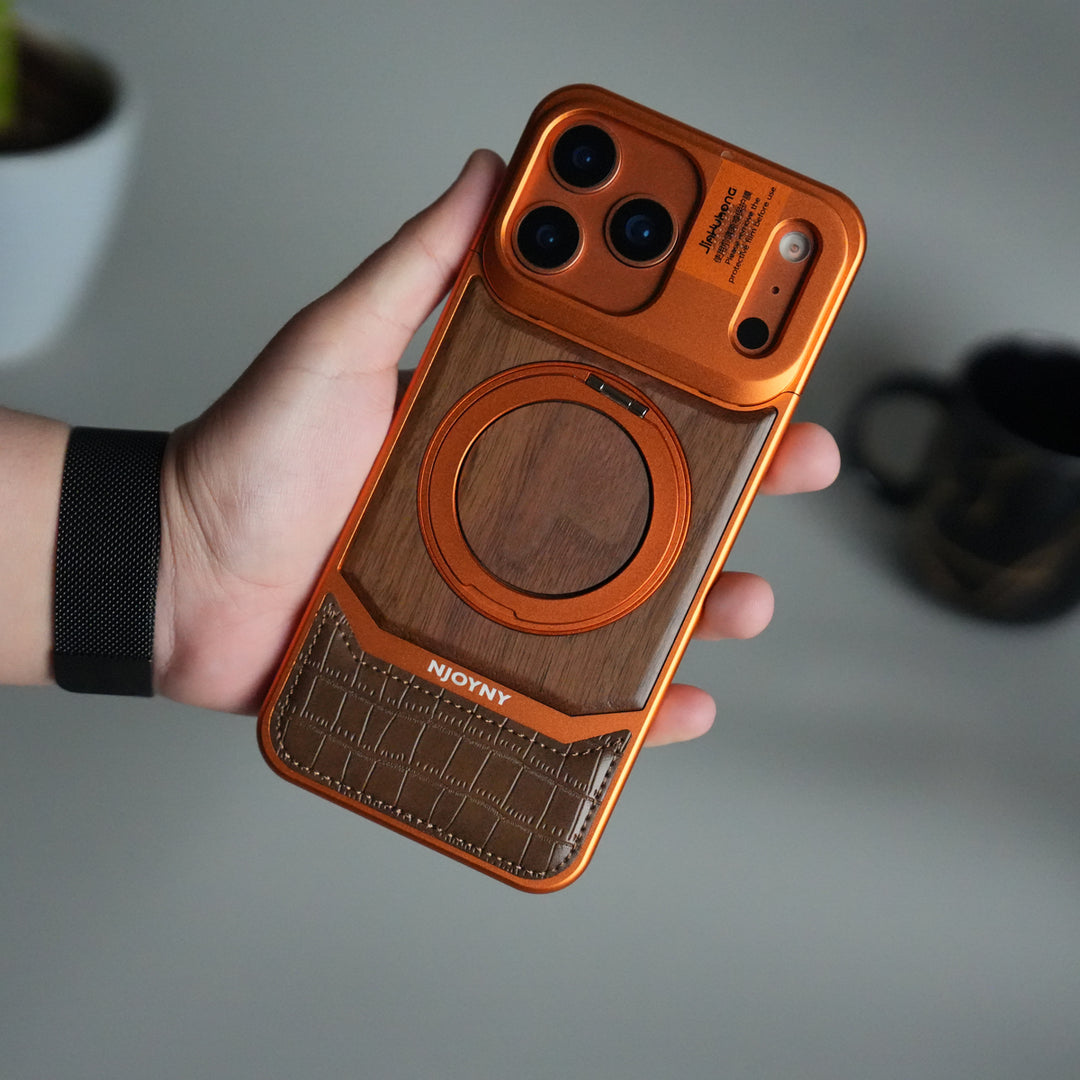 FRATO iPhone 17 Series iPhone 17 Series Metallic Wood Leather AeroFLex Aluminium  Case With Rotating Stand