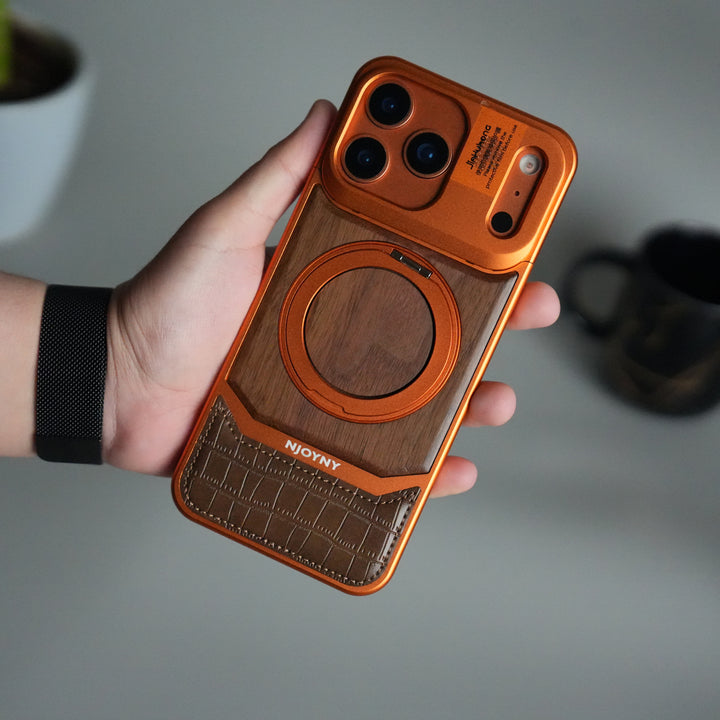 FRATO iPhone 17 Series iPhone 17 Series Metallic Wood Leather AeroFLex Aluminium  Case With Rotating Stand