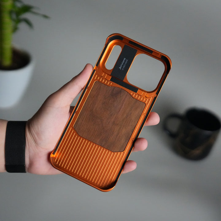 FRATO iPhone 17 Series iPhone 17 Series Metallic Wood Leather AeroFLex Aluminium  Case With Rotating Stand