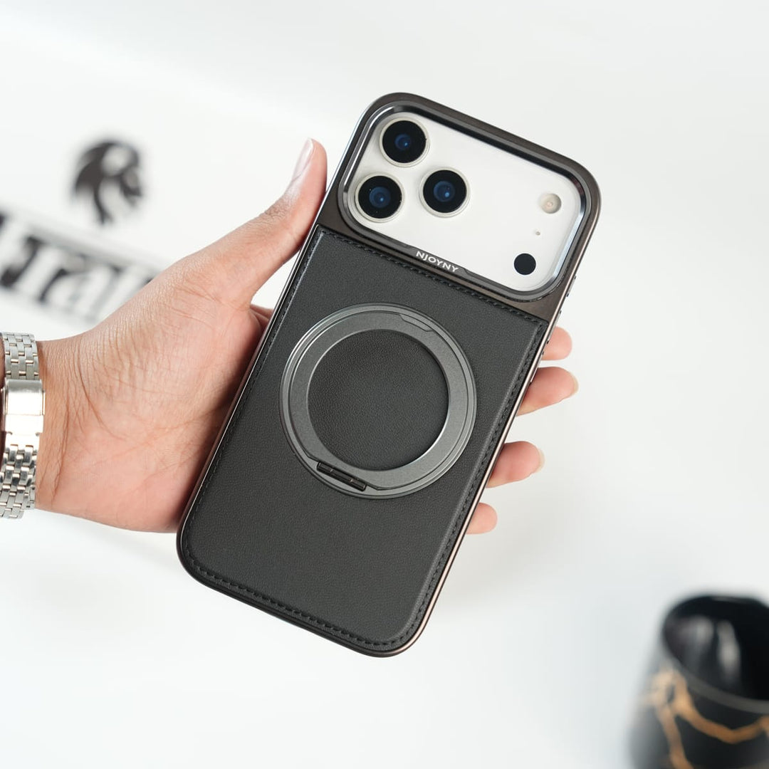 FRATO iPhone 17 Series iPhone 17 Series Premium PU Leather Stitch Case | 360° Rotating Metal Ring Stand Cover