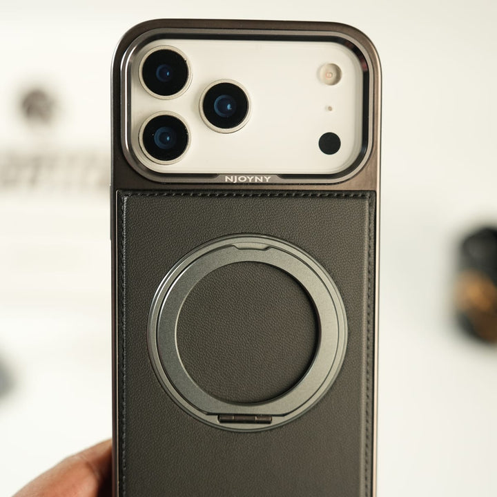 FRATO iPhone 17 Series iPhone 17 Series Premium PU Leather Stitch Case | 360° Rotating Metal Ring Stand Cover