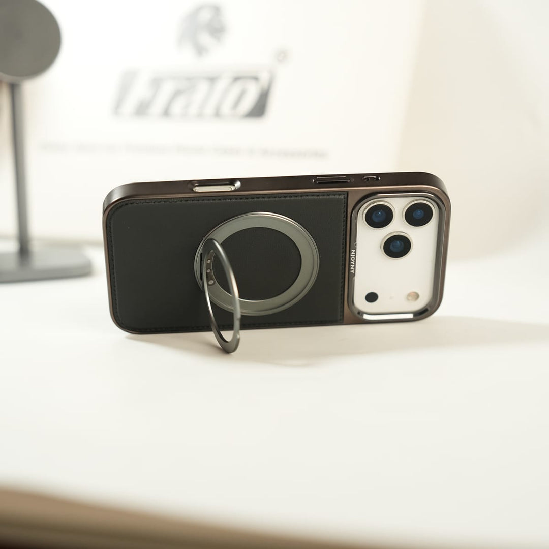 FRATO iPhone 17 Series iPhone 17 Series Premium PU Leather Stitch Case | 360° Rotating Metal Ring Stand Cover