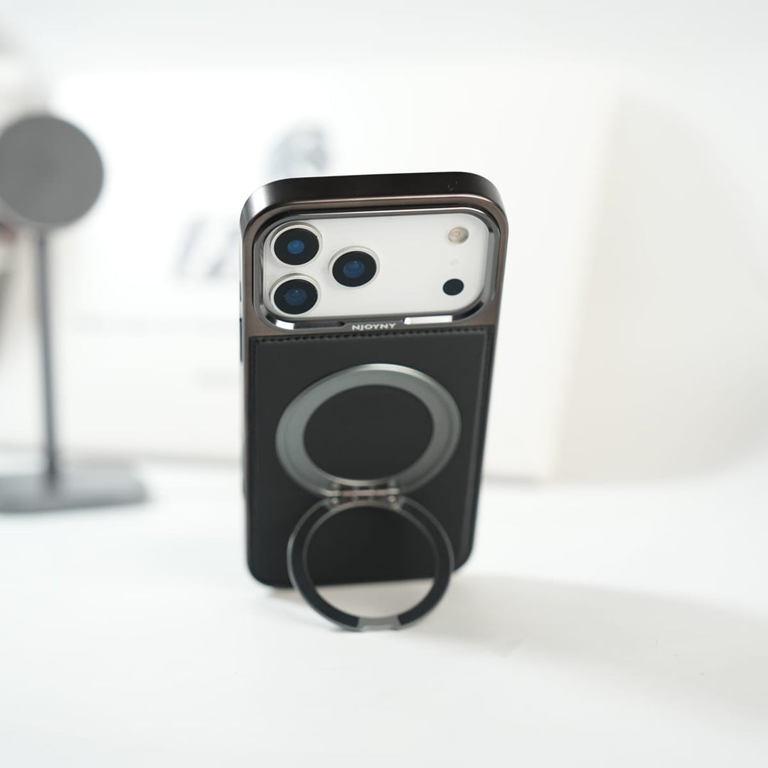 FRATO iPhone 17 Series iPhone 17 Series Premium PU Leather Stitch Case | 360° Rotating Metal Ring Stand Cover