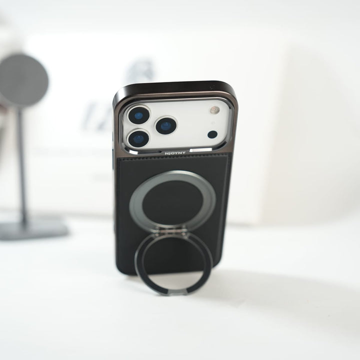 FRATO iPhone 17 Series iPhone 17 Series Premium PU Leather Stitch Case | 360° Rotating Metal Ring Stand Cover