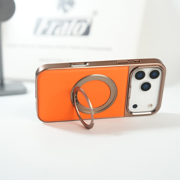 FRATO iPhone 17 Series iPhone 17 Series Premium PU Leather Stitch Case | 360° Rotating Metal Ring Stand Cover
