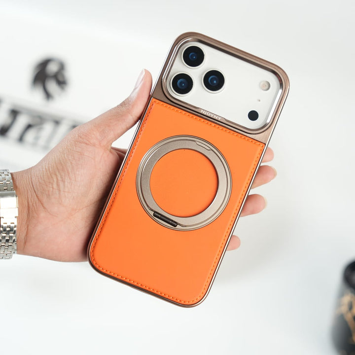 FRATO iPhone 17 Series iPhone 17 Series Premium PU Leather Stitch Case | 360° Rotating Metal Ring Stand Cover