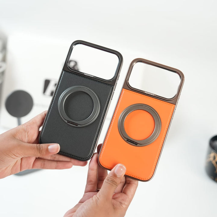 FRATO iPhone 17 Series iPhone 17 Series Premium PU Leather Stitch Case | 360° Rotating Metal Ring Stand Cover