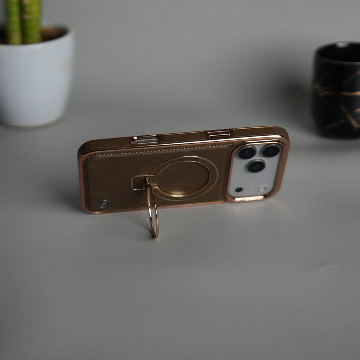 FRATO iPhone 17 Series iPhone 17 Series PU Leather Chrome Side Case With Ring Metal Stand | Desert Color
