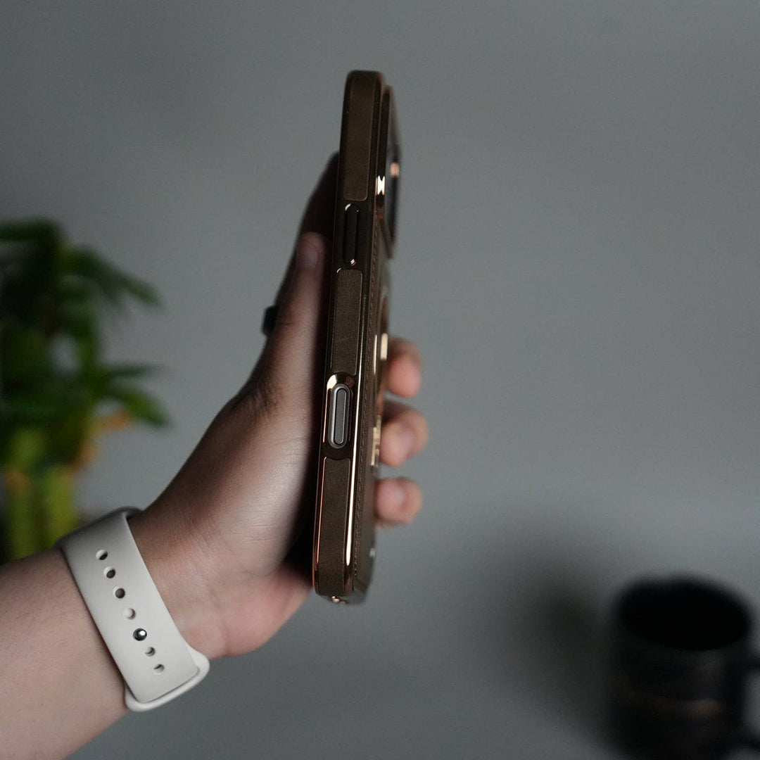 FRATO iPhone 17 Series iPhone 17 Series PU Leather Chrome Side Case With Ring Metal Stand | Desert Color